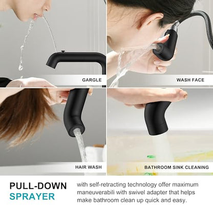 Matte Black Pull Out Centerset Bathroom Faucet 2 Handle 3 Hole 4 Inch | Pull Down Bathroom Faucet with Pop Up Drain & Supply Lines, Lead-Free cUPC & NSF Certified, 4 Inch Faucet for Vanity RV Sink - color: Matte Black