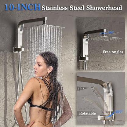 Shower Faucet Set with Rain Shower Heads with Handheld Spray,Brushed Nickel | 10-inch rainhead, 3-way diverter, all matal handshower with hose, brass pressure balancing shower valve, wall-mount - color: Brushed Nickel