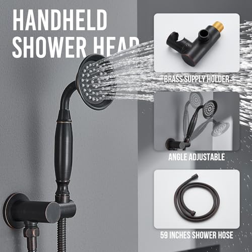 DASAN Antique Shower Faucet Set Complete Rain Shower System in Wall with Body Shower Spray Jets, Oil Rubbed Bronze Shower Fixtures with Rainfall Overhead Shower, Handheld, Valve & Trim Kit, AT249W-ORB - color: Oil Rubbed Bronze