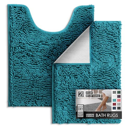 Hearth & Harbor Bathroom Rugs, Chenille Bath Mat - Machine Washable Bath Mats for Bathroom Non-Slip Backing Rubber, Quick Dry Bathroom Mat - Teal Blue 17x24-20x24 - color: Teal, style: 17 x 24 + 20 x 24