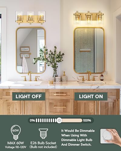 3-Light Brushed Gold Bathroom Vanity Light, Square Clear Glass Shade | 16.5" modern bathroom light fixtures over mirror, E26 base, bulbs not included, VL194-BG-3 - color: Gold, Square Glass Shade, size: 3-light