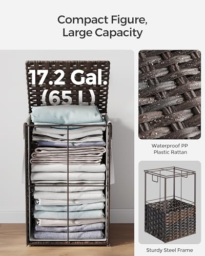 SONGMICS Laundry Hamper with Lid, 17.2 Gallon (65 L) Synthetic Rattan Clothes Laundry Basket with Lid and Handles, Foldable, Removable Liner, Chestnut Brown ULCB165K01 - color: Chestnut Brown, size: 65 L
