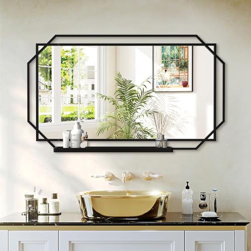 Black Bathroom Mirror with Shelf, 36" x 21" Mirror Wall Decor with Modern Art Rectangular Metal Frame for Living Room, Bedroom, Dining Room, Entryway - color: Black, size: 36"L x 21"W
