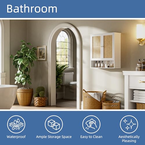 HITNET Rattan Wall Cabinet, Bathroom Hanging Storage Cupboard Over the Toilet, Space Saving Medicine Cabinet with Adjustable Shelf, White - color: White