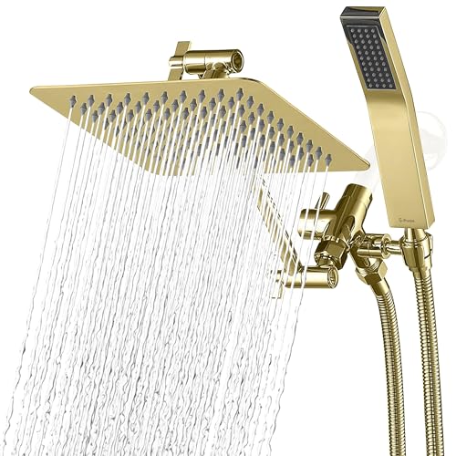 G-Promise All Metal 8" Rain Shower Head with Handheld for Bathroom Upgrade | All Metal, Built to Last, Easy Install, Adjustable Height & Angle for All Heights, Extra Long Hose, Modern Upgrade - color: Polished Brass, size: 8 Inches