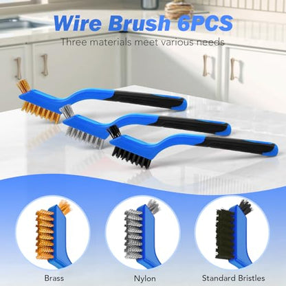Wire Brush Set, 6 Pcs Stainless Steel/Brass/Nylon Wire Brushes | Blue, 7" Total Length for Tight Spaces, For Cleaning with Curved Handle Grip for Rust Removal, Dirt, Paint Scrubbing - style: Blue-6pcs