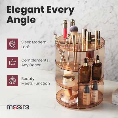 Masirs 360 Rotating Makeup Organizer Countertop, Adjustable Shelf, Brown | 360-Degree Rotating Makeup Organizer, Adjustable Shelf Height, Cosmetic Perfume Skincare Storage, Vanity Countertop, Brown - color: Brown