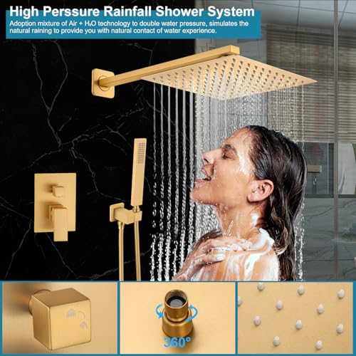 Shower Faucet Set 10 Inch Square Rain Head Brushed Gold w Handheld Sprayer & Valve - color: Gold-Square, style: 10"
