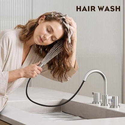 Pull Down Sprayer Brushed Nickel Widespread Bathroom Sink Faucet, 8 Inch 2 Handles 3 Hole Pull Out Bathroom Faucet,with Pop Up Drain and Water Supply Line,BF04022-K01-GBN - color: Brushed Nickel