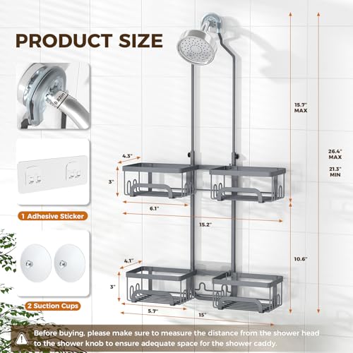 REINHARDT Split Shower Caddy Hanging for Handheld Showerheads, Grey | Adjustable Shower Organizer, Rustproof, 16 Hooks, Soap Holder, 40lbs Capacity, Anti-Slip, Tool-Free, Bathroom Accessories - color: Grey