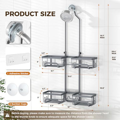 REINHARDT Split Shower Caddy Hanging for Handheld Showerheads, Grey | Adjustable Shower Organizer, Rustproof, 16 Hooks, Soap Holder, 40lbs Capacity, Anti-Slip, Tool-Free, Bathroom Accessories - color: Grey