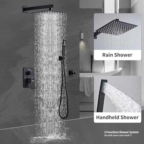 Shower System Black -10 Inch High Pressure Rain Shower Heads with Handheld Spray Combo Shower Faucet Set with Pressure Balanced Rough-in Valve, Wall Mount Bathroom Shower Set fit All Valve Types - style: 10inch