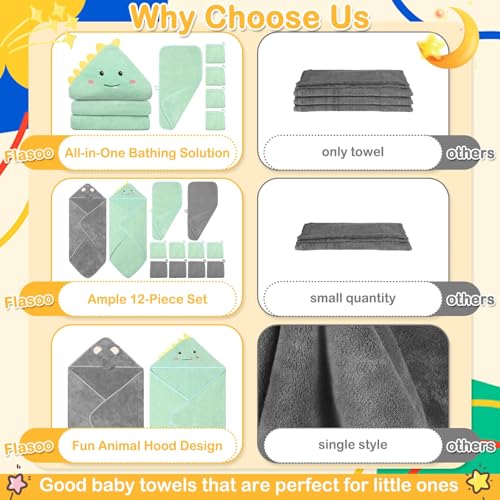 12 Pcs Baby Towel Set, Soft Baby Bath Towels and Washcloths Set, 2 Pcs Hooded Baby Towel, 2 Pcs Baby Burp Cloths and 8 Pcs Baby Washcloths for Infants, Toddlers and Kids (Dinosaurs & Elephants) - color: Dinosaurs & Elephants-12pcs