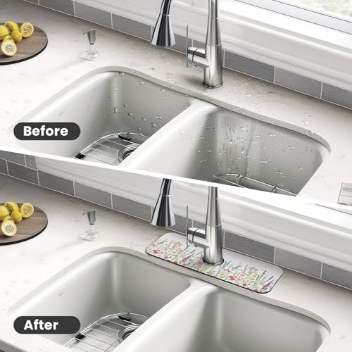 Wildflowers Floral Flower Kitchen Sink Splash Guard Faucet Mat Super Absorbent Fast Drying Mat Sink Gadgets-Fast Drying Pad Sink Mat For Kitchen Bathroom (15" X 5.5" ) - color: Wildflowers