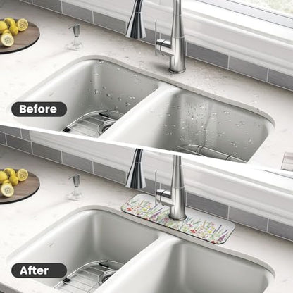 Wildflowers Floral Flower Kitchen Sink Splash Guard Faucet Mat Super Absorbent Fast Drying Mat Sink Gadgets-Fast Drying Pad Sink Mat For Kitchen Bathroom (15" X 5.5" ) - color: Wildflowers