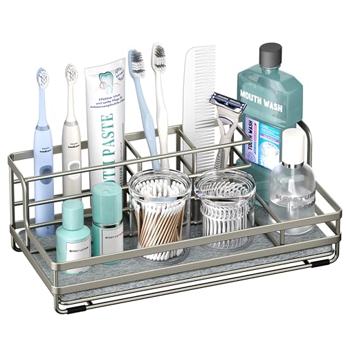 HapiRm Toothbrush Holders for Bathroom - 5 Partitions Bathroom Counter Organizer with Instant Drying Stone, Stainless Steel Countertop Storage Electric Toothbrush Toothpaste Holder - Brushed Nickel - color: Brushed Nickel