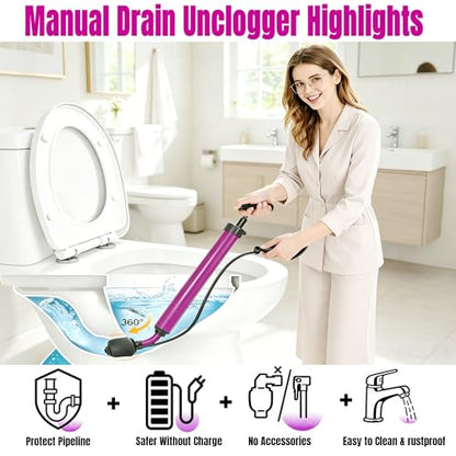 Manual Drain Unclogger, High Pressure Toilet Plunger: No-Splash, No Electricity, No Accessories, Pipe-Safe, Easy to Use, Reusable & Easy to Clean for Toilet, Sink, Bathtub, All Household Pipes - color: Purple