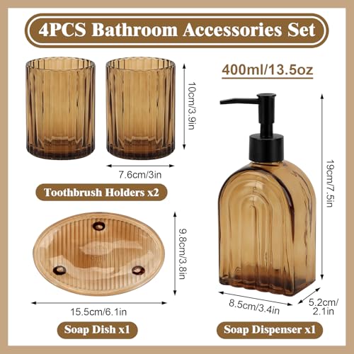 Topsky 4 Pcs Glass Bathroom Accessories Set,13oz Liquid Arch Design Hand Soap Dispenser with Stripe Toothbrush Holder,Mouthwash Cup,Soap Dish for Bathroom Countertop,Heavy Weight,Amber