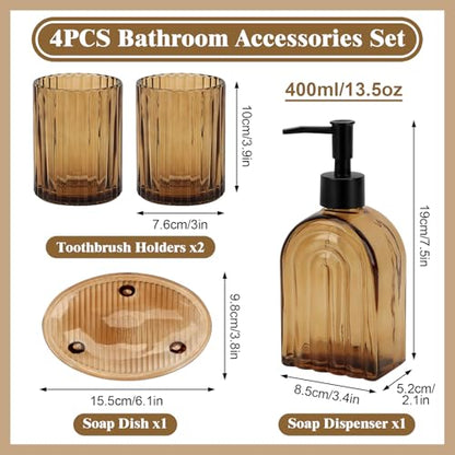 Topsky 4 Pcs Glass Bathroom Accessories Set,13oz Liquid Arch Design Hand Soap Dispenser with Stripe Toothbrush Holder,Mouthwash Cup,Soap Dish for Bathroom Countertop,Heavy Weight,Amber
