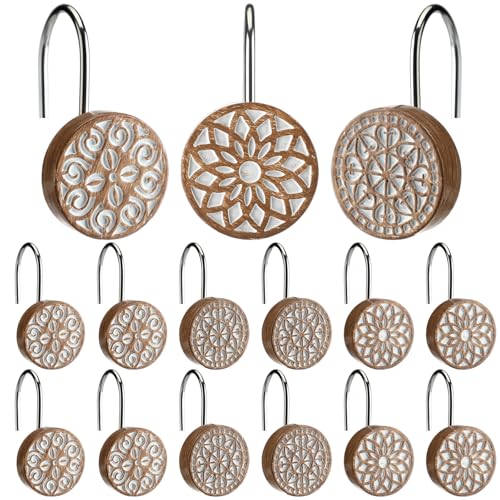 BreezeHug 12pcs Boho Shower Curtain Hooks Decorative Shower Curtain Hangers for Bathroom Rod Resin Round Rings with Brown Floral Pattern, Waterproof - style: Geometry
