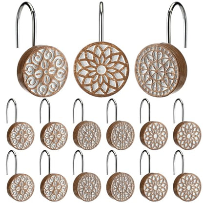 BreezeHug 12pcs Boho Shower Curtain Hooks Decorative Shower Curtain Hangers for Bathroom Rod Resin Round Rings with Brown Floral Pattern, Waterproof - style: Geometry