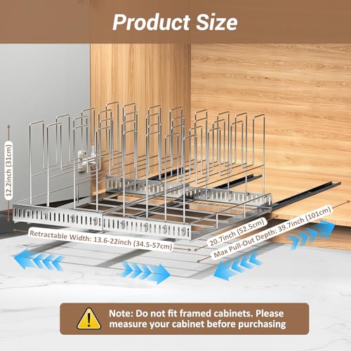 Housolution Pull Out Baking Tray and Cookie Sheet Cutting Board Organizer | 13"-22" Expandable, 21.5" Deep, 8 Adjustable Dividers, Slide Rail Design, Stainless Steel Structure, Adhesive/Screw Fixing - color: Silver, 8 Dividers, size: Large