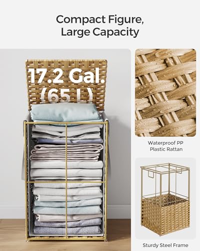 SONGMICS Laundry Hamper with Lid, 17.2 Gallon (65 L) Synthetic Rattan Clothes Laundry Basket with Lid and Handles, Foldable, Removable Liner, Goose Yellow ULCB165N01 - color: Goose Yellow, size: 65 L