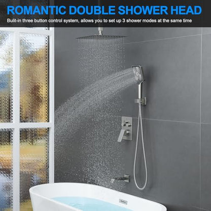 Bathtub Shower Faucet Set with Pressure Balance Valve, 12" Ceiling Mount Shower System with Tub Spout Multi-function Handheld Head Push Button Diverter Shower Trim Kit, Brushed Nickel - color: Brushed Nickel, style: 12"-Square-Tub-01