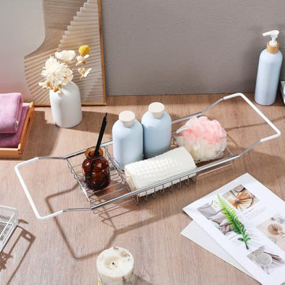 Luxshiny Bath Tub Tray Extendable Bathtub Rack with Anti-Slip Design Adjustable Bathroom Holder for Books Phone Magazine and Wine Glasses Space-Saving Storage for Relaxing Baths - color: Silver