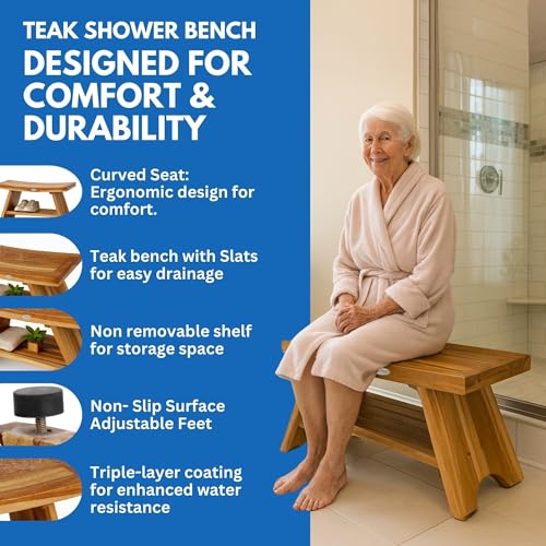EcoDecors Serenity 30-Inch Teak Shower Bench with Shelf, 300 lb | Spa-style teak bath seat features elegant wood grain and timeless design for a stylish, functional bathroom upgrade - size: 30" shelf