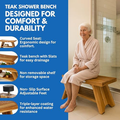 EcoDecors Serenity 30-Inch Teak Shower Bench with Shelf, 300 lb | Spa-style teak bath seat features elegant wood grain and timeless design for a stylish, functional bathroom upgrade - size: 30" shelf
