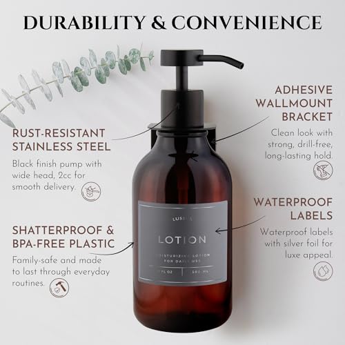 Shower Shampoo Dispenser Wall Mounted – 3 Refillable 16.9 oz Amber Bottles with Stainless Steel Pumps & No-Drill Adhesive Holders – Soap Dispenser Set for Bathroom (3 X Amber/Black) - color: 3 X Amber/Black