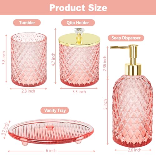 Haturi Glass Bathroom Accessories Set, Light Pink Bathroom Set, 4 Pcs | Kit w/ Bathroom Soap Dispenser Set, Toothbrush Holder, Qtip Holder, Vanity Tray, Pink Bathroom Decor, Gift for Home Apartment - style: Light Pink