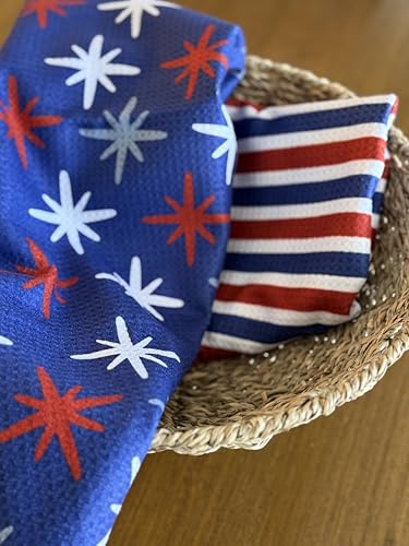 Kitchen Towels, Dish Towels for Kitchen, 2 Pc Kitchen Towel Set | Microfiber Waffle Towels, 16 x 26 inches, with Hanging Loops, Reusable Tea Towels, Cute Kitchen Towels - 2 Pack - color: Red/White/Blue