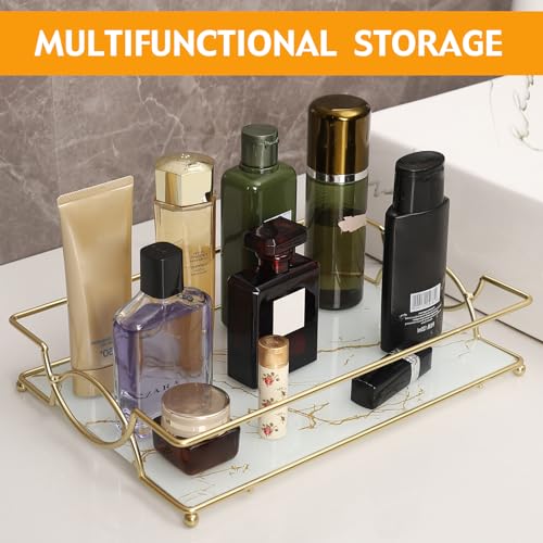 Large Bathroom Vanity Tray White Gold Glass Counter Organizer | 12.6” Glass Handled Tray with Metal Frame, for Perfume, Skincare, Kitchen Counter, Coffee Bar, Entryway & Vanity - color: White Gold-large