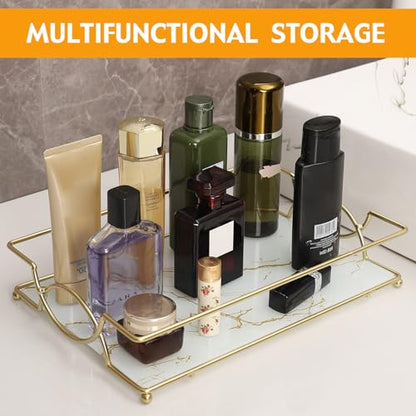 Large Bathroom Vanity Tray White Gold Glass Counter Organizer | 12.6” Glass Handled Tray with Metal Frame, for Perfume, Skincare, Kitchen Counter, Coffee Bar, Entryway & Vanity - color: White Gold-large