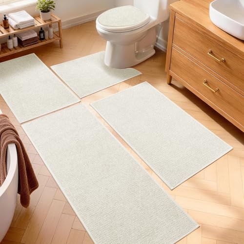 Beige Bathroom Rugs Sets 5 Piece, Quick Dry Thin Bath Mat with Toilet Rug, Non Slip Absorbent Machine Washable, Bath Runner Rugs for Bathtub Sink Home Decor - color: Beige, size: 5 pieces