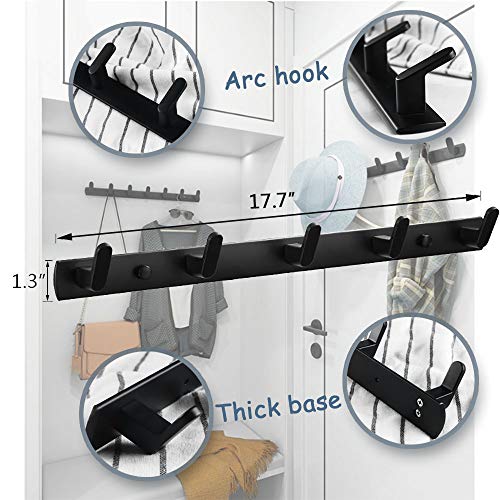 Wall Mounted Coat Rack, 5 Hooks, 17.7"x1.3", Modern, Black | Space Aluminum, Rustproof, for Hallway, Entryway, Hanging Holder for Clothes, Towel, Backpack, 40 lbs Capacity, Easy Install - size: 5 Hooks