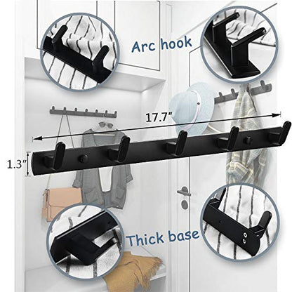Wall Mounted Coat Rack, 5 Hooks, 17.7"x1.3", Modern, Black | Space Aluminum, Rustproof, for Hallway, Entryway, Hanging Holder for Clothes, Towel, Backpack, 40 lbs Capacity, Easy Install - size: 5 Hooks