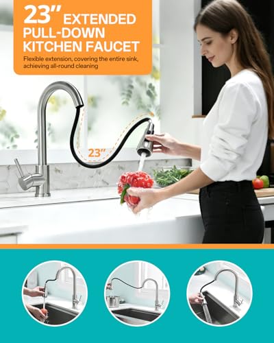 Pull-Down Kitchen Faucet, Brushed Nickel | 304 Stainless Steel,10-Min DIY Install,23-Inch Pull-Down Hose,2-Function Spray,360° Swivel Spout - color: Brushed Nickel, size: 15.2 Inches