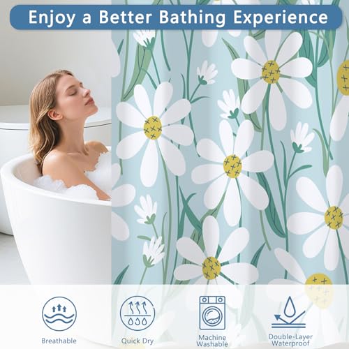 Hook-Free Floral Shower Curtains for Bathroom, Fabric Shower Curtain with Weighted Shower Curtain Liner and Ventilation Window, Daisy Pattern Farmhouse Waterproof Bath Curtain, 71x74 Inch - color: Daisy Garden