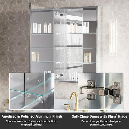 WELLFOR 20" x 32" Bathroom Medicine Cabinet, Anodized Chrome Aluminum Frame, Medicine Cabinet with Adjustable Glass Shelves, Bathroom Cabinet with Reverse Door Installation, Surface or Recessed Mount