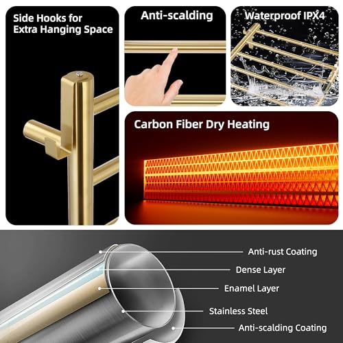 P&Dlusir EL13 Heated Towel Rack, Brushed Gold, 5 Bar | Fast Heat in 2 Min, Smart Timer, Thermo Control, Memory Functoion, Stainless Steel, Hard-Wired/Plug-in - color: Brushed Gold, size: 21.65"W x 17.72"H