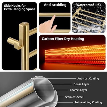 P&Dlusir EL13 Heated Towel Rack, Brushed Gold, 5 Bar | Fast Heat in 2 Min, Smart Timer, Thermo Control, Memory Functoion, Stainless Steel, Hard-Wired/Plug-in - color: Brushed Gold, size: 21.65"W x 17.72"H