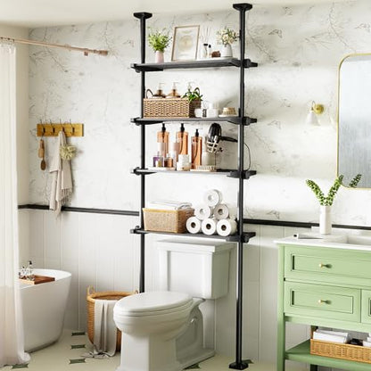 Bonpally Over The Toilet Storage Shelf, 4-Tier Adjustable Bathroom Organizer, No Drill Tension Mounted Shelves, Space-Saving Bathroom Cabinet Rack Above Toilet for Small Rooms, Black - color: Black