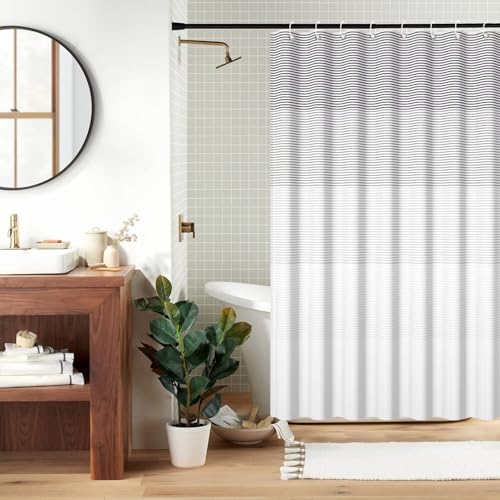 Boho White Gray Striped Stall RV Shower Curtain 48" Wx72 L | Black Bohemian Geometric, Polyester Waterproof, Machine Washable, Bathroom Small Curtain, Easy to Install with 8 Hooks - color: Grey, size: 48"W x 72"L (Pack of 1)