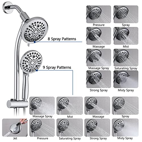 Rainfall Shower Head with Handheld Shower Spray, with 26" Drill Free Adjustable Height Slider Bar, High Pressure Dual Shower Head Combo, 3-Way Diverter for Easy Reach, 5Ft Hose - Chrome Finish - color: Chrome