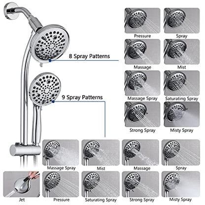 Rainfall Shower Head with Handheld Shower Spray, with 26" Drill Free Adjustable Height Slider Bar, High Pressure Dual Shower Head Combo, 3-Way Diverter for Easy Reach, 5Ft Hose - Chrome Finish - color: Chrome