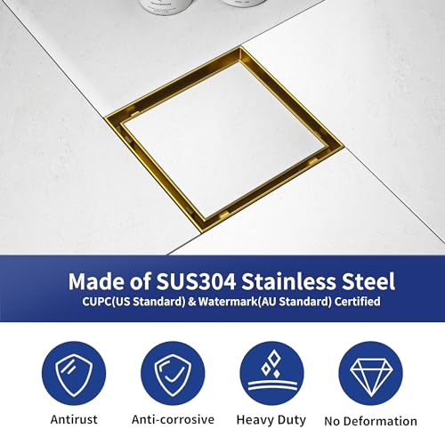 Square Shower Drain, 304 Stainless Steel Floor Drain 6" | with Tiled Insert Grate & Hair Strainer, Bathroom 2-in-1 Tiled in Drain, CUPC Certified - color: Brushed Gold, size: 6''