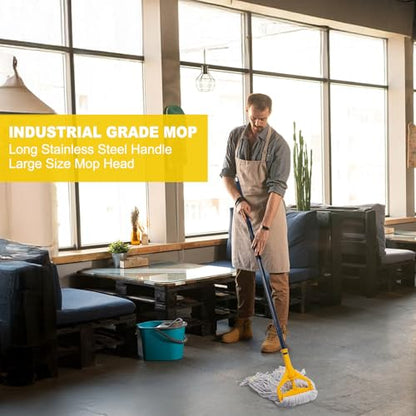 Commercial Mop with 2 Large Replacement Heads,Heavy Duty Industrial Mops | 59" Long Handle,for Floor Cleaning,Looped-End String Wet Cotton Mop for Home,Kitchen,Office,Garage,Concrete/Tile Floor - size: 1 Large Industrial Mop with 2 Mop Heads